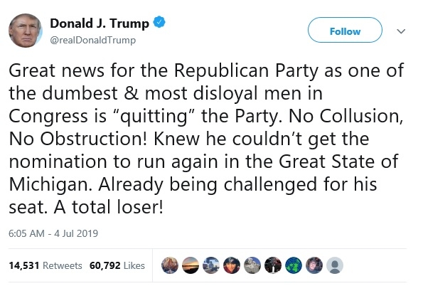 Amash proglasio neovisnost o Republikanskoj stranci, Trump ga izvrijeđao: ʼTotalni luzer!ʼ