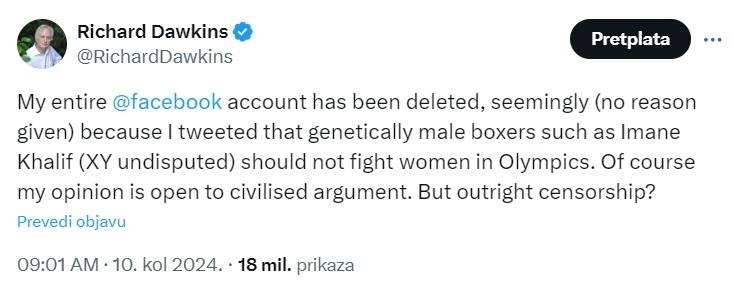 Proslavljenom biologu Facebook obrisao profil jer je napisao da muškarac ne bi trebao boksati sa ženama